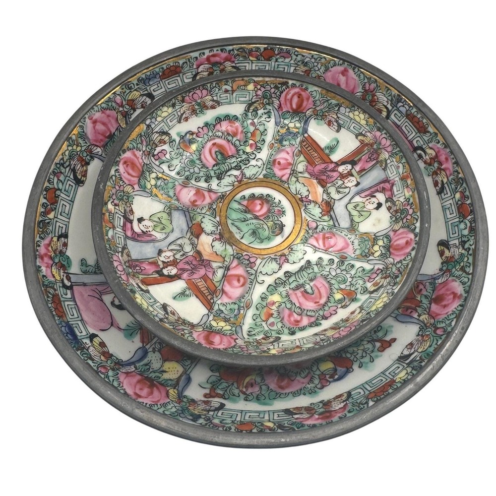 Vintage ACF Japanese Porcelain Rose Medallion Pewter Encased Bowl 5.5" & 8"